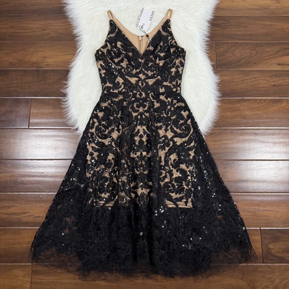 Dress‎ The Population Women's Size XS Black Nude Lace Sequin Blair Midi Dress